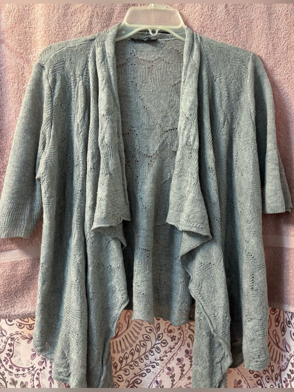 Eileen Fisher Petite PS Gray 100% Merino Wool Pointelle Draped Cardigan